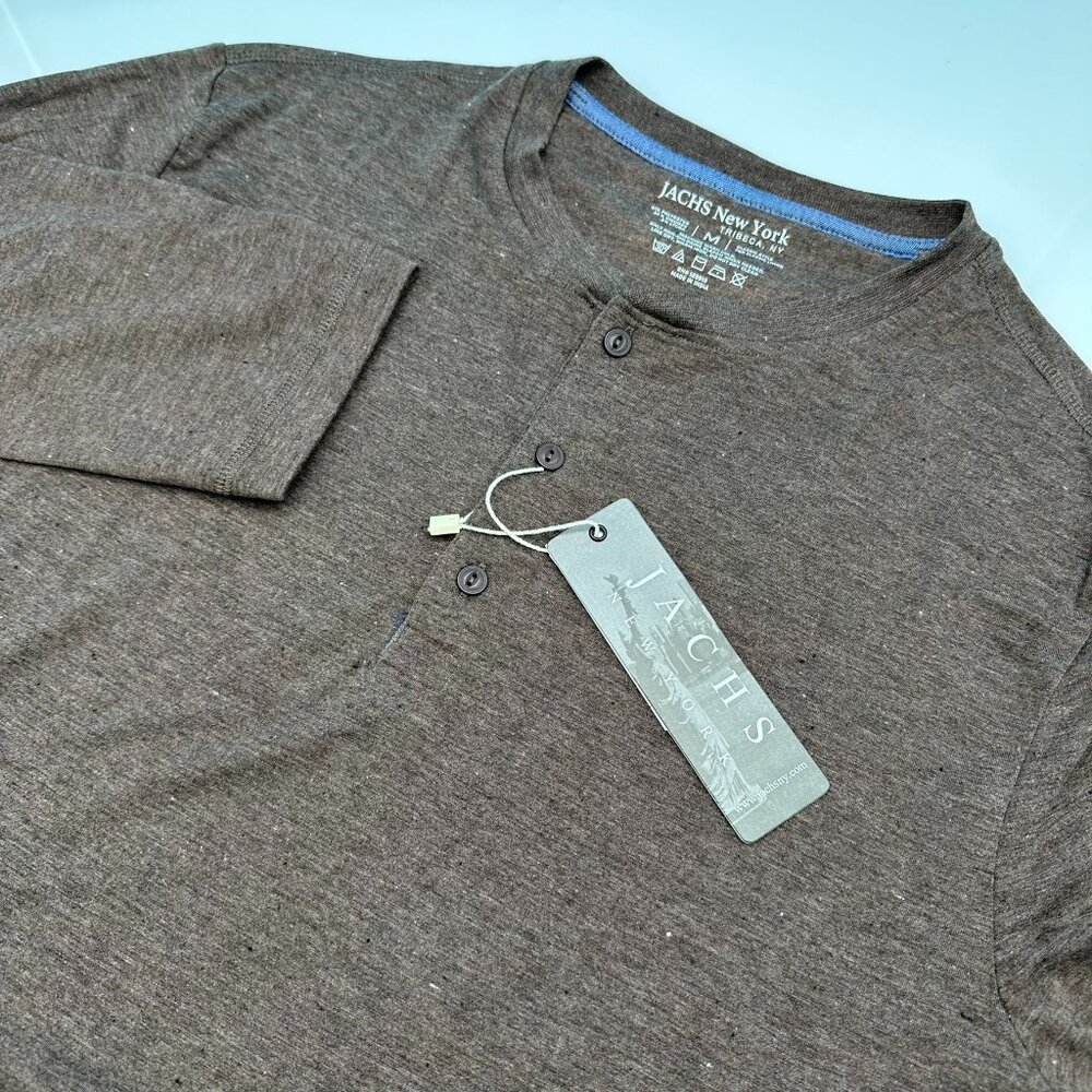 Jachs NY Men's Poly Viscose Stretch 3 Button Henley, Size Medium, Speckled Brown